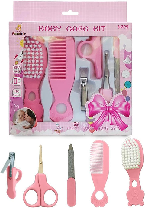 Baby Grooming Kit for Newborns 6 Pcs Nail Clippers Hairbrush Scissors Baby Nail Care Set Infant Manicure Cleaning Kit for Toddlers Kids Daily Hygiene Essentials (Pink)