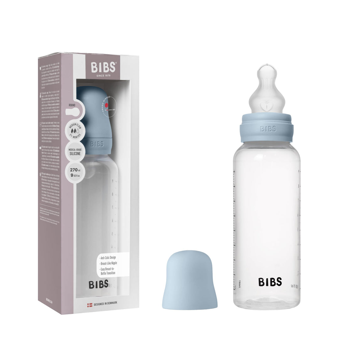 BIBS Baby Bottle 270 ml Silicone Nipple - Anti-Colic, BPA-Free, Round Nipple, Medium Flow, Lightweight & Easy to Clean, Suitable for Newborns 0+ Years - Baby Blue