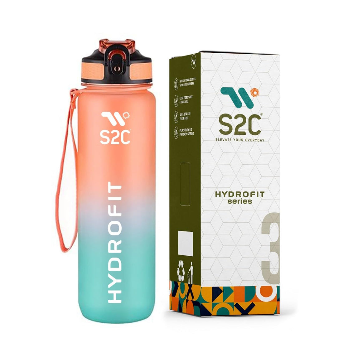 S2C Motivational Large 1L Tritan Plastic Water Bottle With Time Markers, Leak Proof, Kids School Gym Bottle (BLUE-ORANGE)