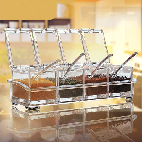 THEODORE Crystal Seasoning Acrylic Box Pepper Salt Spice Rack Plastic 4 Box with Spoons Kitchen See Through Storage Containers Cooking Tools Unbreakable Dining Table Storage of Spices