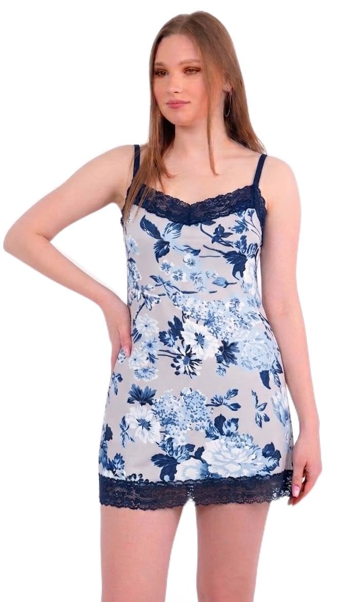 Dabbagh Women's Short Lace Nightgown – Soft Stretch Sleep Dress with Thin Straps, Floral Print and Lace Trim, Comfortable for Sleeping 103