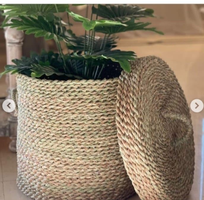 Bohemi Store Halfa Woven Laundry Basket with Lid, Natural Seagrass, Yellow, Handmade, 35 cm