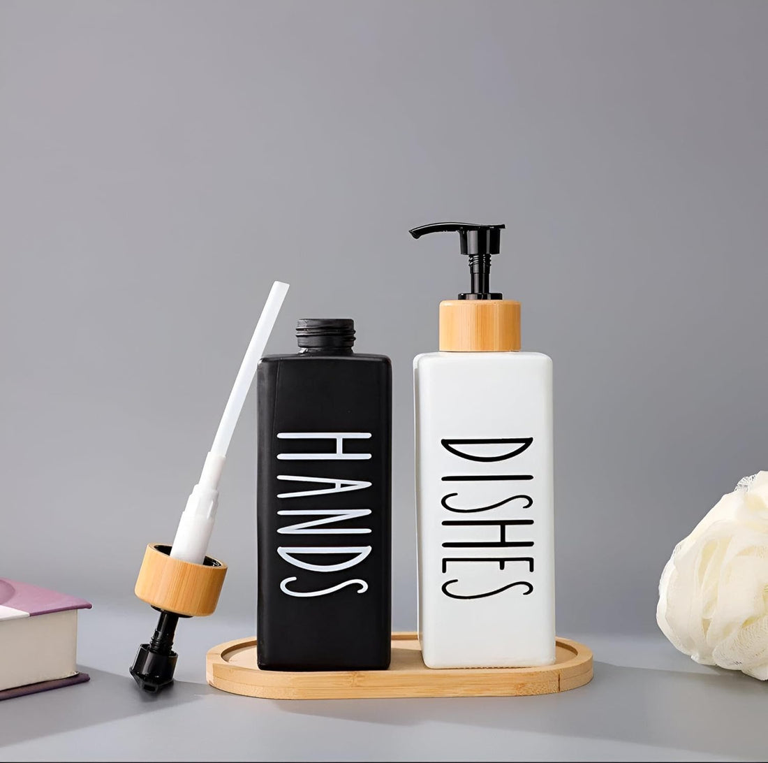 Modern Bathroom Soap and Hand Lotion Dispenser Set with Bamboo Tray, Black and White Glas Bottles with Wooden Caps