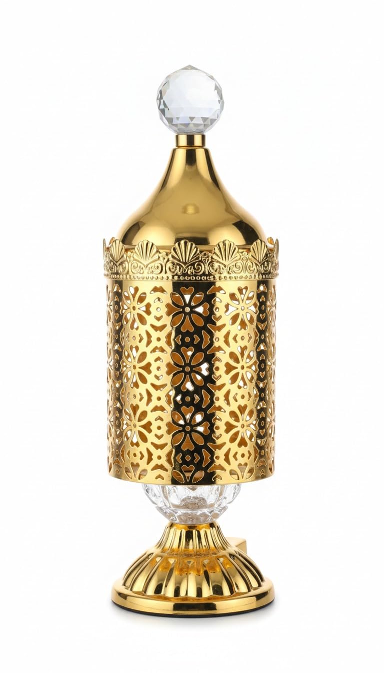 Decorative Gold Metal Incense Burner – Mabkhara Bakhoor Holder for Home, Ramadan & Eid Décor, Islamic Gift, Ornamental Incense Stand (SA_182).