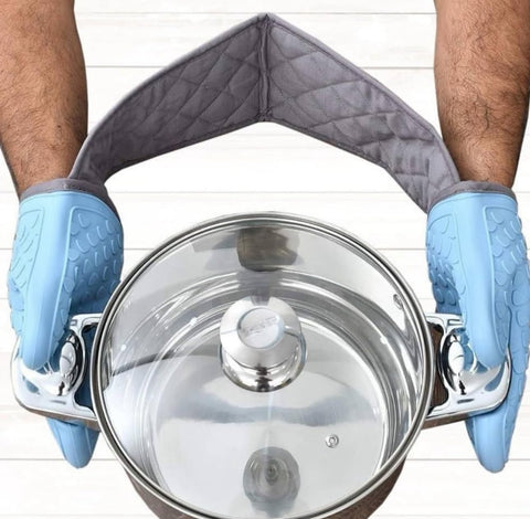 Downtown Silicone Oven Mitts with Quilted Lining, Heat-Resistant Double Blue and Grey Kitchen Gloves, Long Cuff Design for Arm Protection while Grilling and High-Temperature Baking