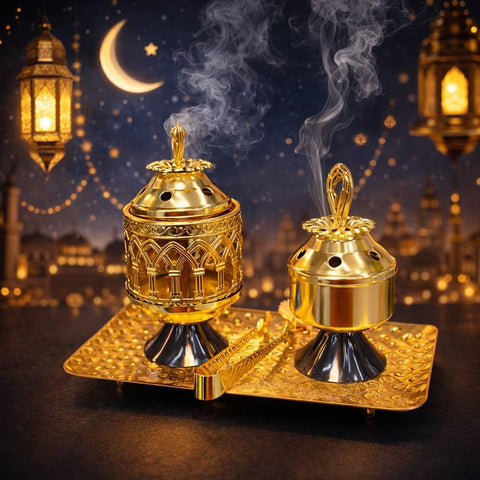 Luxury Gold Bakhoor Burner Set with Decorative Tray, 4 Piece Metal Incense Burner Kit for Oud and Bakhoor, Arabic Home Decor Accessories with Charcoal Tong for Ramadan and Eid Gatherings