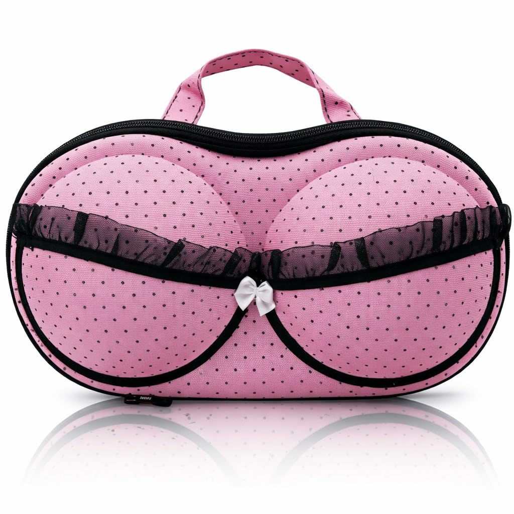Portable Travel Necessaries Bra Organizer Underwear Storage Box Panties Socks Arrangement Case Lingerie Protection Holder Packing Solution Suitcase Closet Use (Pink & Black Dots)