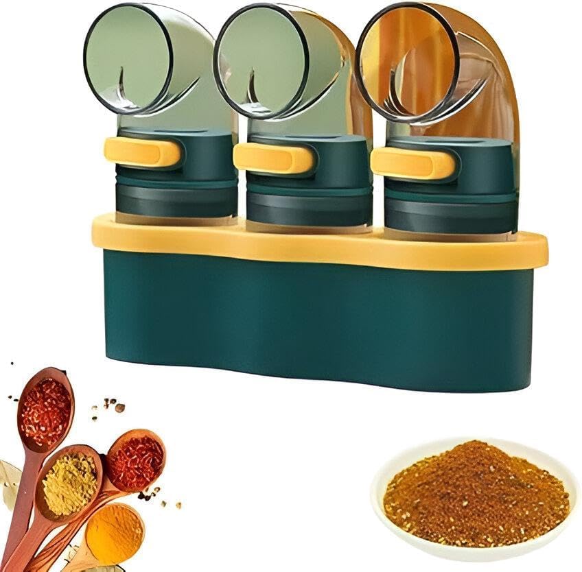 3 Pcs Condiment Bottle Set with Storage Base, Airtight Seal, Clear, Green and Yellow, for Salt, Pepper, Sugar, Spices, Dollar Import Housewares