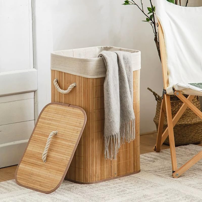 Laundry Hamper with Rope Handles, Bamboo Basket with Lid, Storage for Clothes and Towels