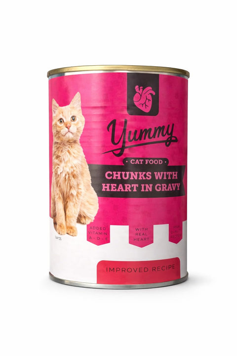 Yummy Cat Food Chunks in Gravy Wet Canned Cat Food Added Vitamins A D E High Quality Protein (1 Piece - 400 Gram, Heart)