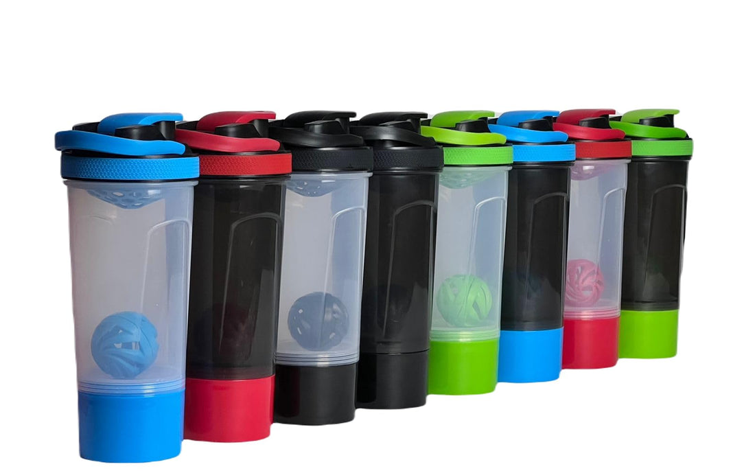 Premium Protein Shaker Bottle for Gym with Storage Organizer for Medicine and Protein Powder, Sports 2-Layer Leak Proof Lid & Twist Lock Container BPA Free QShop 700ml (Black/White)