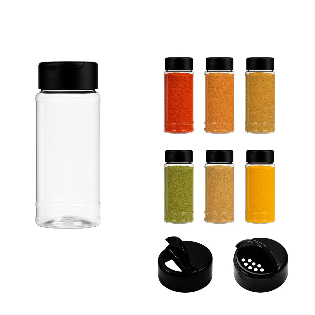 artistic 6 Piece Plastic Spice Jar Clear White 150ml with Black Lid Diameter 3.7 Centi - High Quality and Healthy Plastic for Refill and Storage (Model 9)