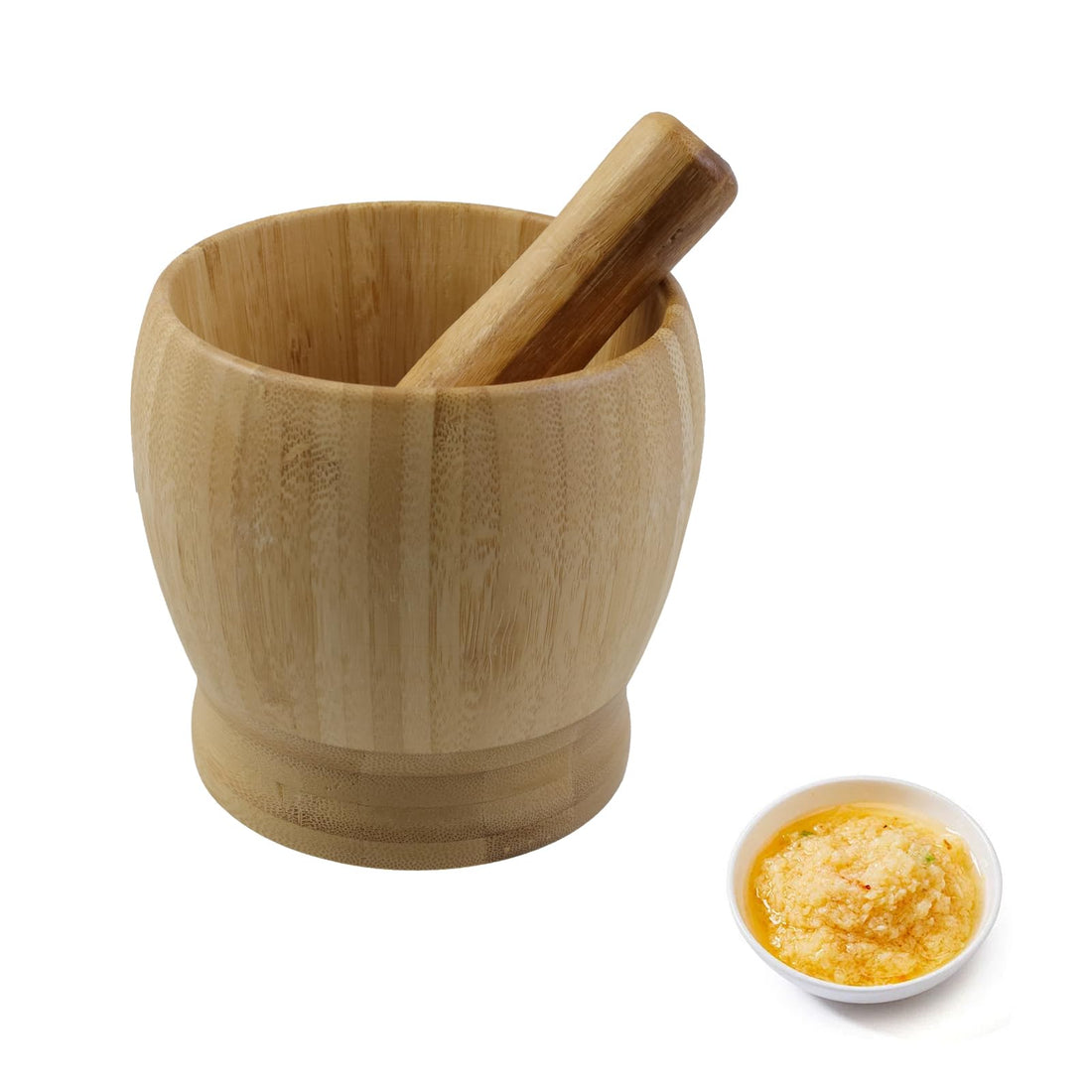 MY MIRONEY Mortar and Pestle Set Bamboo Garlic Press Grinder Kitchen Spices Crusher Bowl for Herb Pepper Mixing, 4.69" x 4.29"