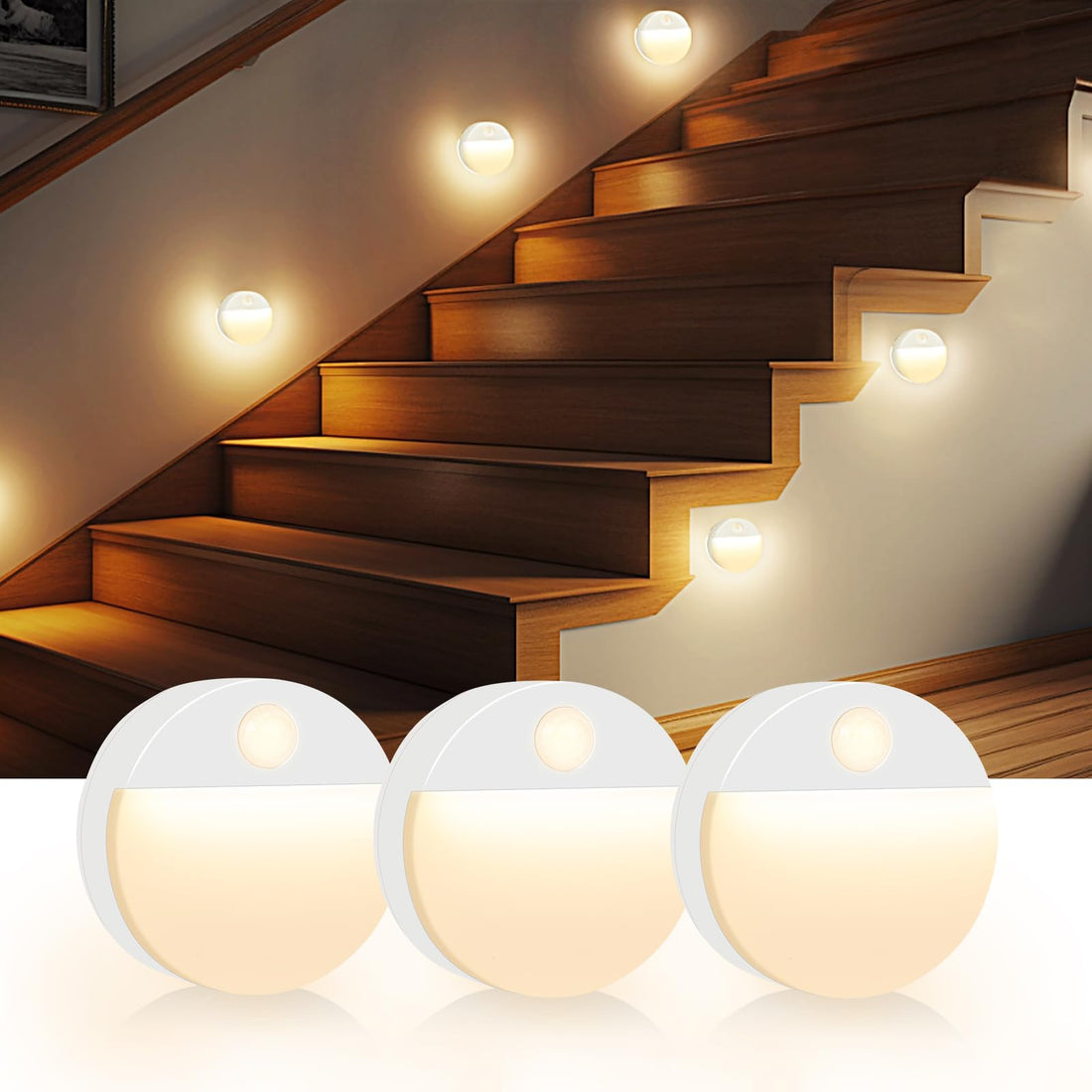 Guankai 3 Pack Motion Sensor Stair Light for Indoor, Battery Operated Wireless Closet Lights, Led Stick On Puck Lighting Night Lamp, Motion Activated Lamps for Step, Cabinet, Hallway, Bathroom
