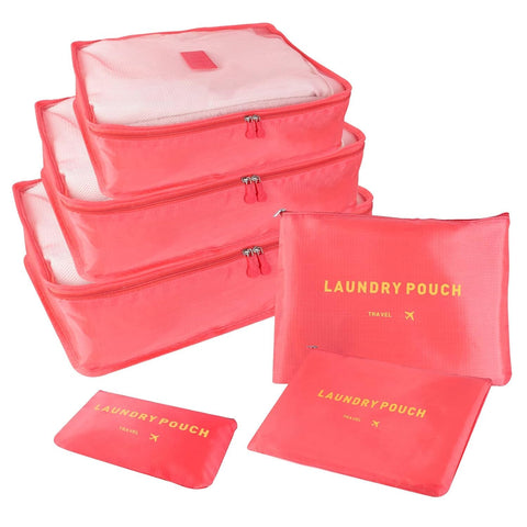 SKY-TOUCH 6Pcs Set Travel Luggage Organizer Packing Cubes Set Storage Bag Waterproof Laundry Bag Traveling Accessories - Watermelon Red,Travel Bag