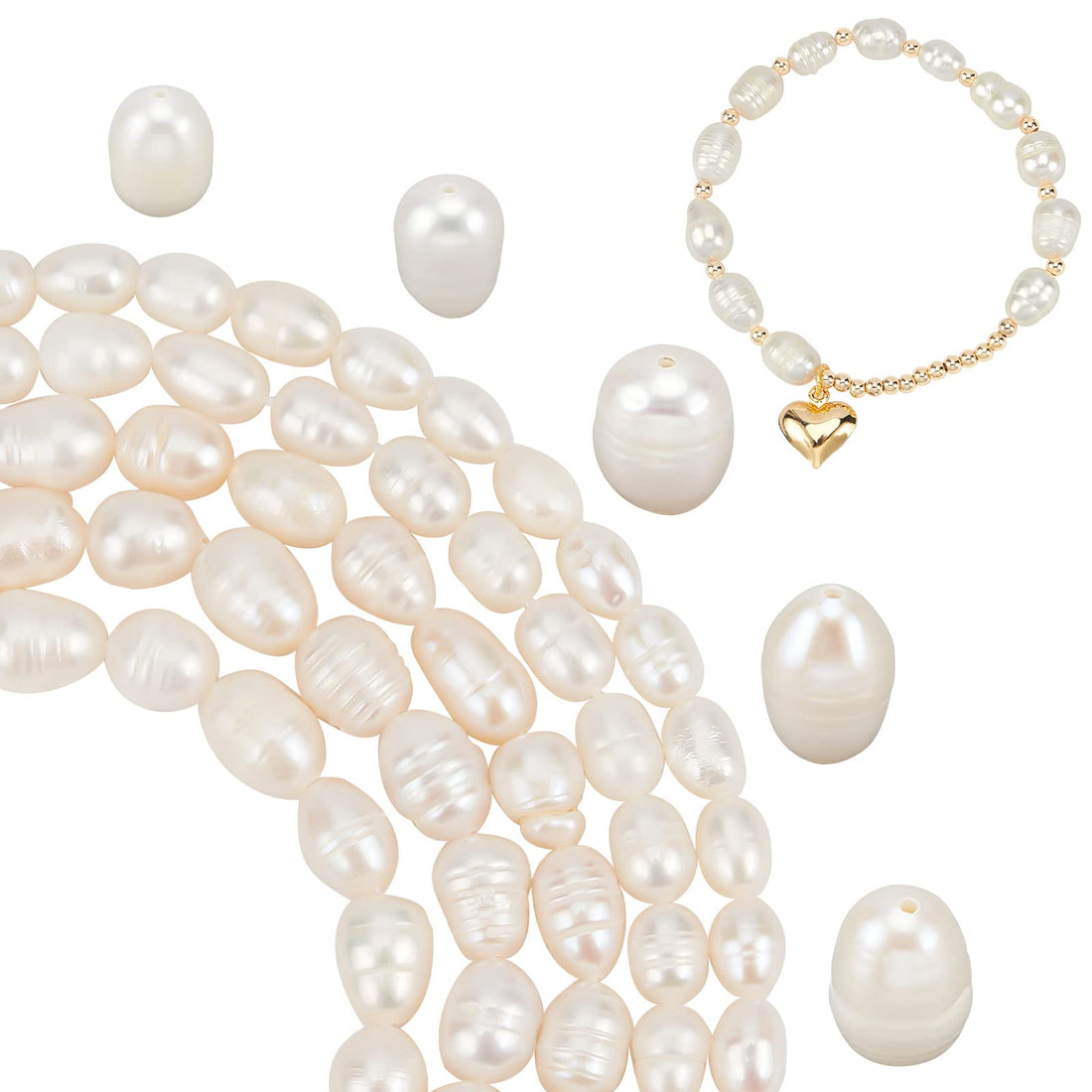 JAZZEEL Freshwater Pearl Beads, 110-Piece Set in 5 Styles, 6-10mm Oval and Rice Shaped White Crafting Pearls with Holes for DIY Earrings, Bracelets, Necklaces, and Elegant Jewelry Making.
