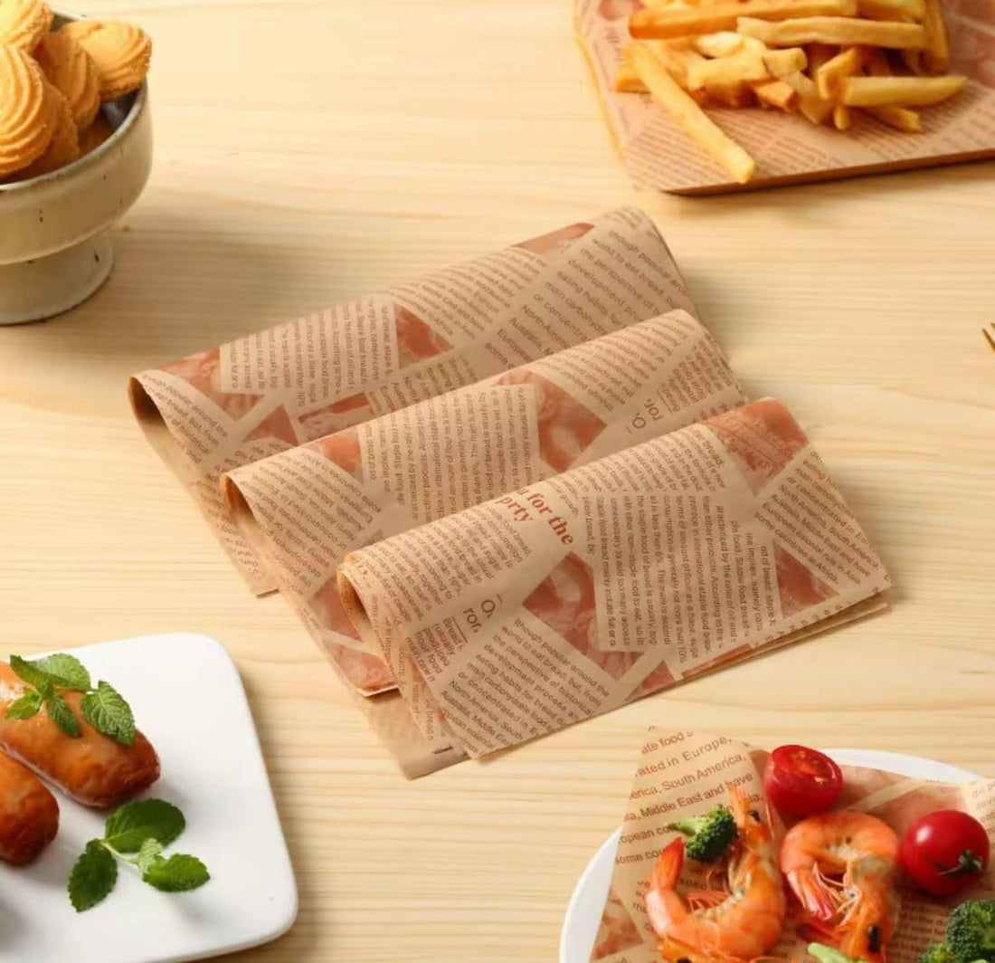 Brown Parchment Paper for Baking and Wrapping 10m Newspaper Design - Oil-Proof Non-Stick Waxed Paper for Fast Food, Sandwich, French Fries and Desserts - Microwave, Oven, Kitchen and Restaurant Uses