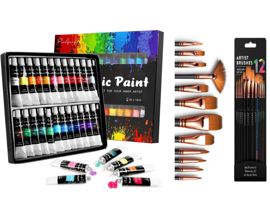 S2C Acrylic Paint & Professional Brush Combo Set - 24x12ml Non-Toxic Vibrant Acrylic Colors + Nylon Hair Brushes for Canvas, Wood, Rock & Face Painting – Ideal for Beginners & Professionals