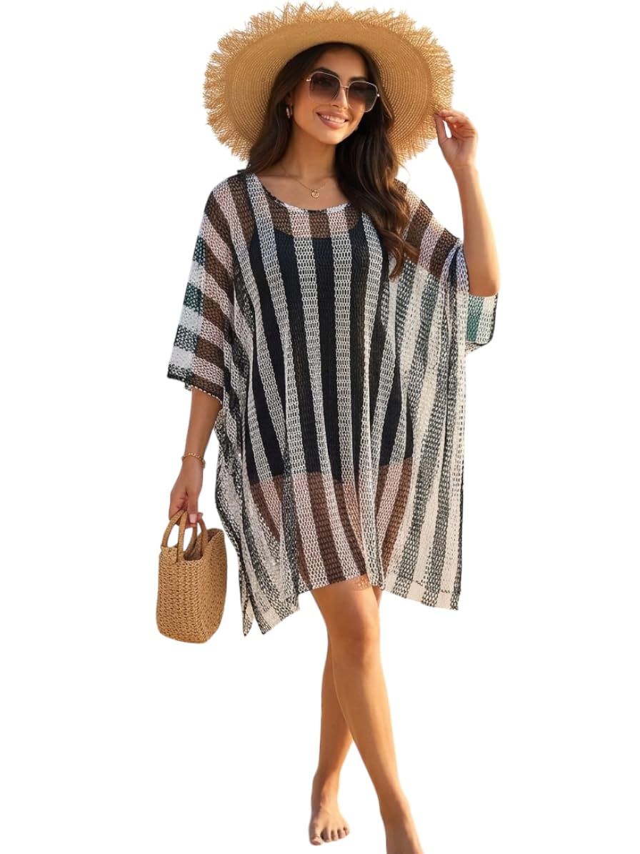 Women's Striped Crochet Beach Cover-Up, Oversized Kaftan Style, Multicolour, Half Sleeve, Swimsuit Cover Up