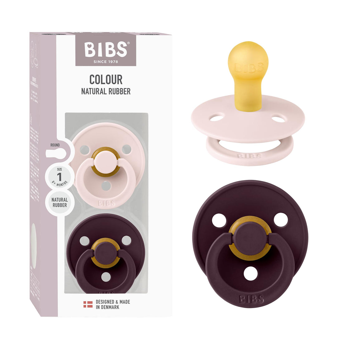 Bibs Pacifier Colour 2 Pack Latex Size 1 Petal/Plum