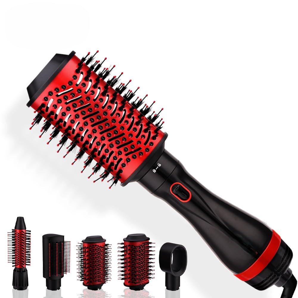 5 in 1 Hot Air Hair Dryer & Styling Brush - 1000W Power - 31000 RPM Rotation Speed - with 5 Interchangeable Heads for Drying, Straightening, Curling and Volumizing - Professional Look.