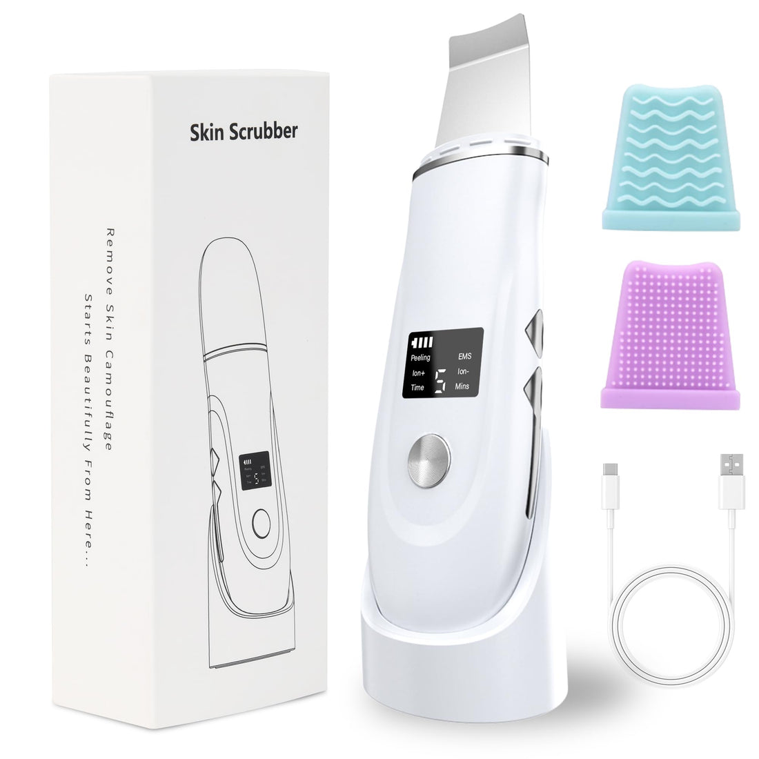 Skin Scrubber Face Spatula - 4-in-1 Deep Cleansing Tool for Pore Extraction, Fast Charging Dock Blackhead Remover Face Spatula for Facial Skincare Women Gift (White)