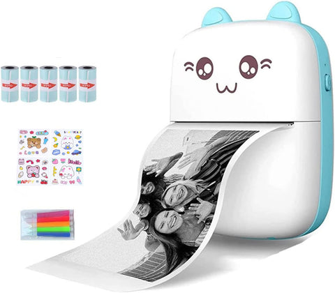 Mini Printer,Portable Inkless Printers,Portable Thermal,Mini Photo,5 Rolls of Printer Paper,5 Colored Pens,Cartoon sticker, for Office,Home