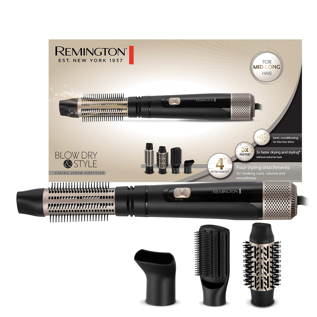 Remington Blow and Dry Caring Air Styler - Hair Dryer, Hot Brush and Hair Curler for Mid to Long Length Hair, 4 Attachments, 1000 Watts, AS7500 - Black