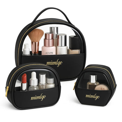 Makeup Bag Set 3-Piece Leather Travel Cosmetic Organizer With Transparent Front Waterproof Pouch For Toiletries Skincare Accessories Zipper Wash Bag