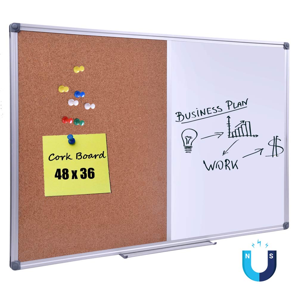 36 x 48 Inch Magnetic Dry Erase/Cork Combo Board, Wall Mounted Whiteboard & Corkboard Combination, Silver Aluminum Frame