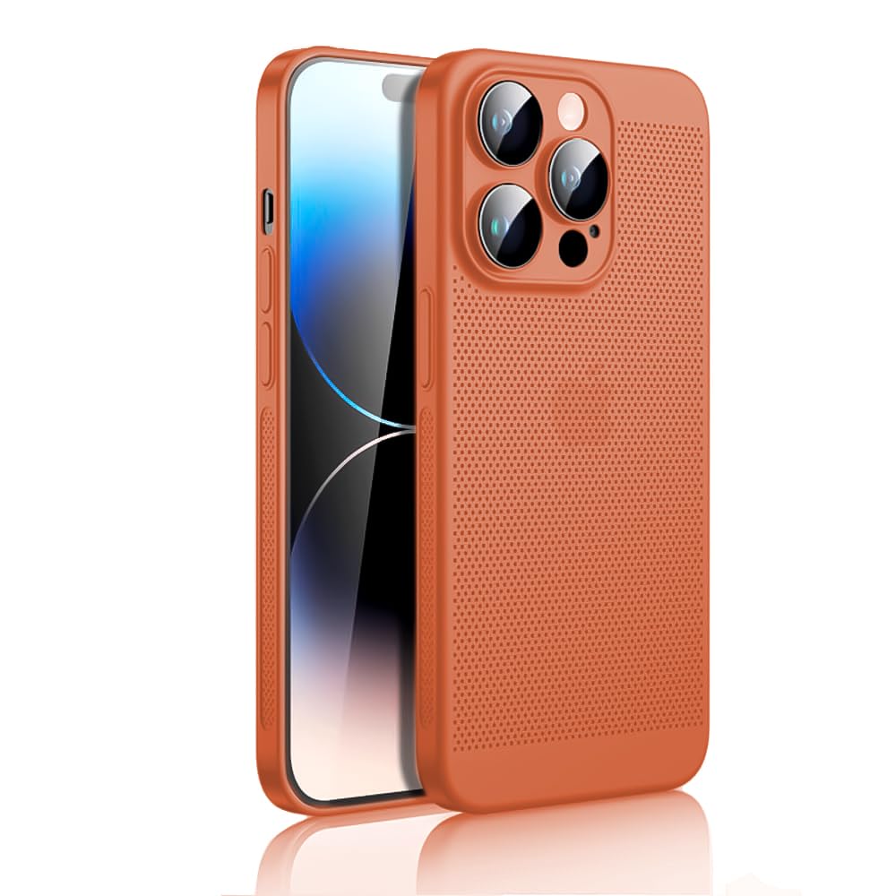 Dl3 Mobilak Case For iPhone 15 Pro 6.1-Inch Heat Dissipation Case with Built-in Camera Lens Protector Slim Fit Breathable Cooling Anti-Fingerprint Hard PC Back Shockproof Cover (Orange)