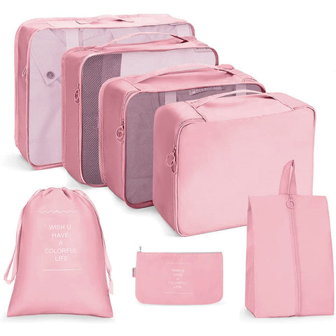 PETRICE 7 in 1 Travel Laundry Cosmetics Organizer Packing Cubes with Shoe Bag (Pink, Nylon)