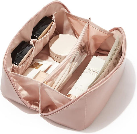 Large Capacity Travel Cosmetic Bag, PU Leather Portable Makeup Bag, Ladies Travel Pouch Zipper Bag, Waterproof Cosmetic Travel Organizer Multifunctional Storage Bag for Women Girl(Pink), Pink, Fashion