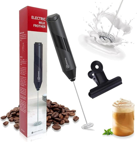 Handheld Electric Milk Frother with Stainless Steel Stand - Battery Powered Foam Maker, Whisk Drink Mixer Mini Blender for Coffee, Frappe, Latte, Matcha, Hot Chocolate.
