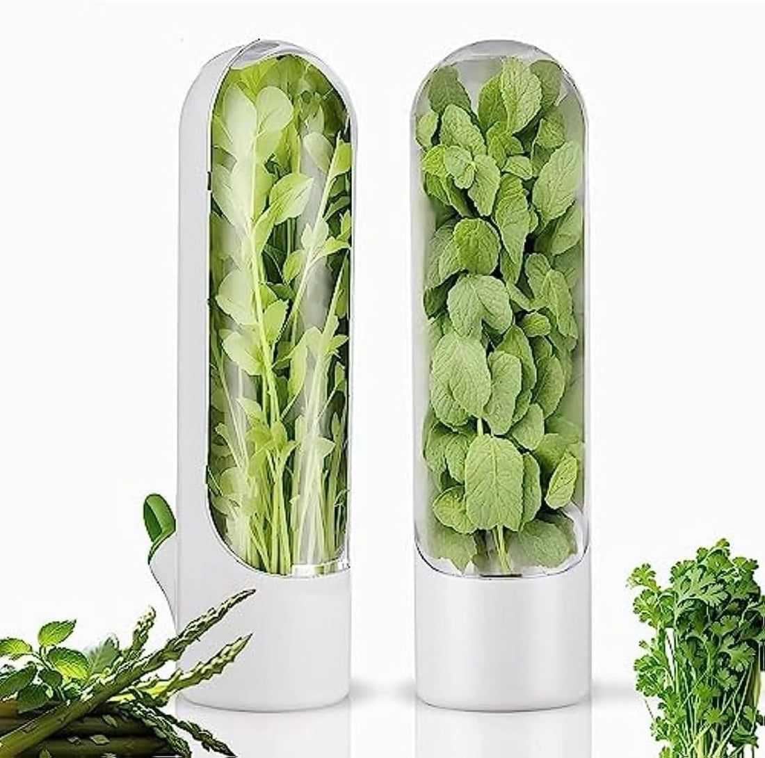 Herb Saver 2 Pcs, Herbs Keeper for Refrigerator, Cilantro Storage Containers, Herb Saver Pod Keep Fresh & Green Vegetables, Mint, Parsley, Asparagus for 2-3 Weeks