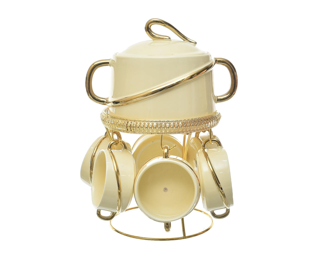 BRIGHT FUTURE 7-Piece Porcelain Soup Serving Set with Stand and Bowl Luxury Colorful Turkish Soup Set Elegant Stand Easy Storage - White