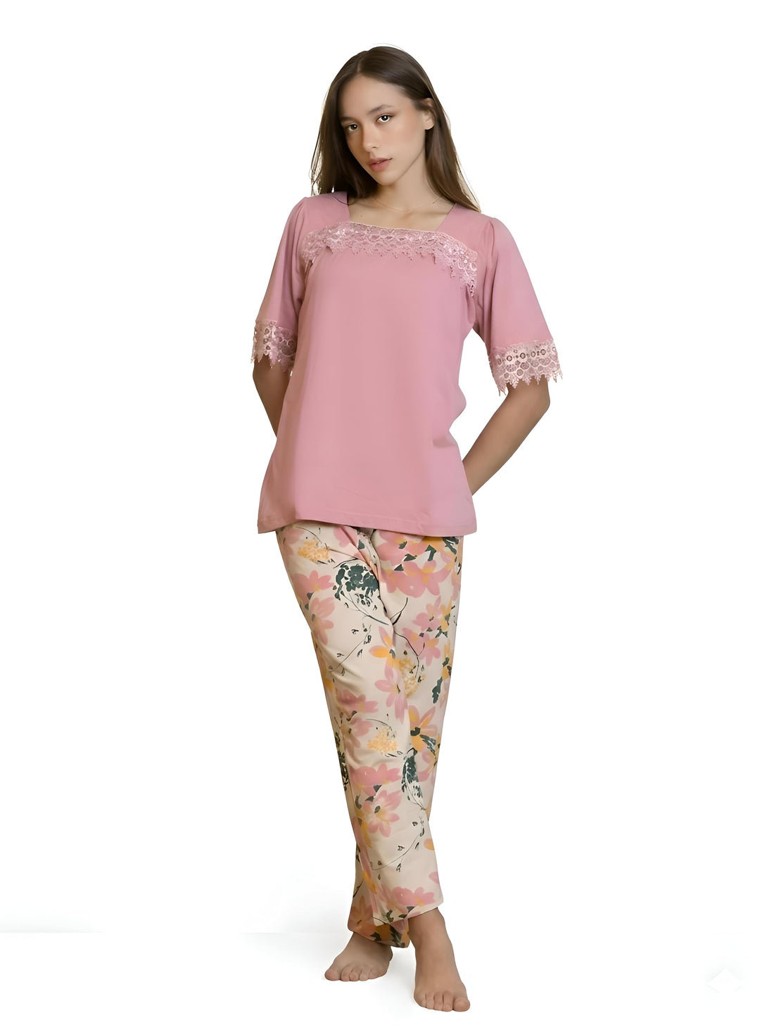 Luxe Sleep - Pink Lace Trim Top with Floral Printed Pants, Women’s Pyjama Set for Home, Sizes L–2XL