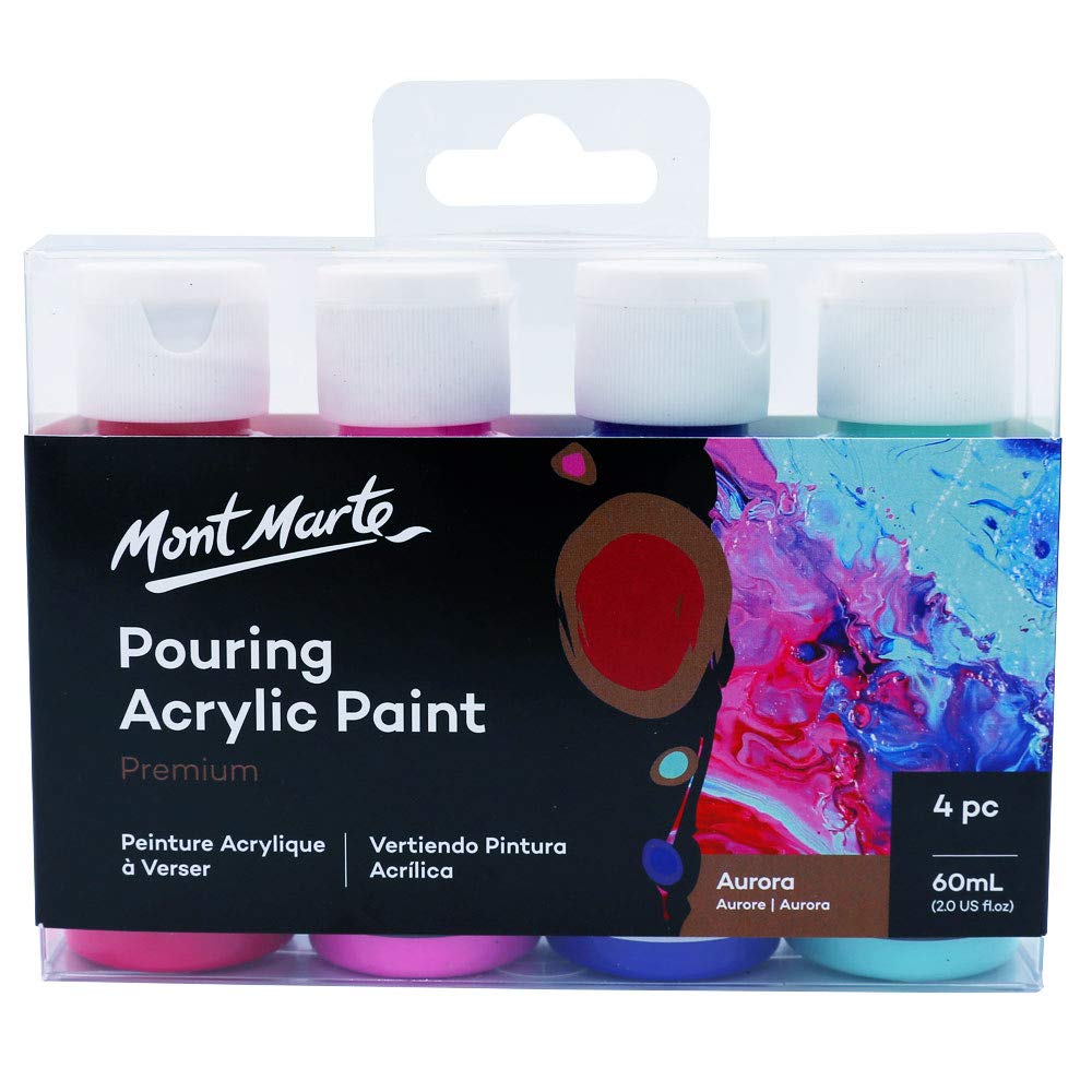 Mont Marte Premium Pouring Acrylic Paint, Aurora, Set of 4, 2 oz (60 ml) Bottles Pre-Mixed Acrylic Paint, Suitable for a Variety of Surfaces Including Stretched Canvas, Wood, MDF and Drying Clay