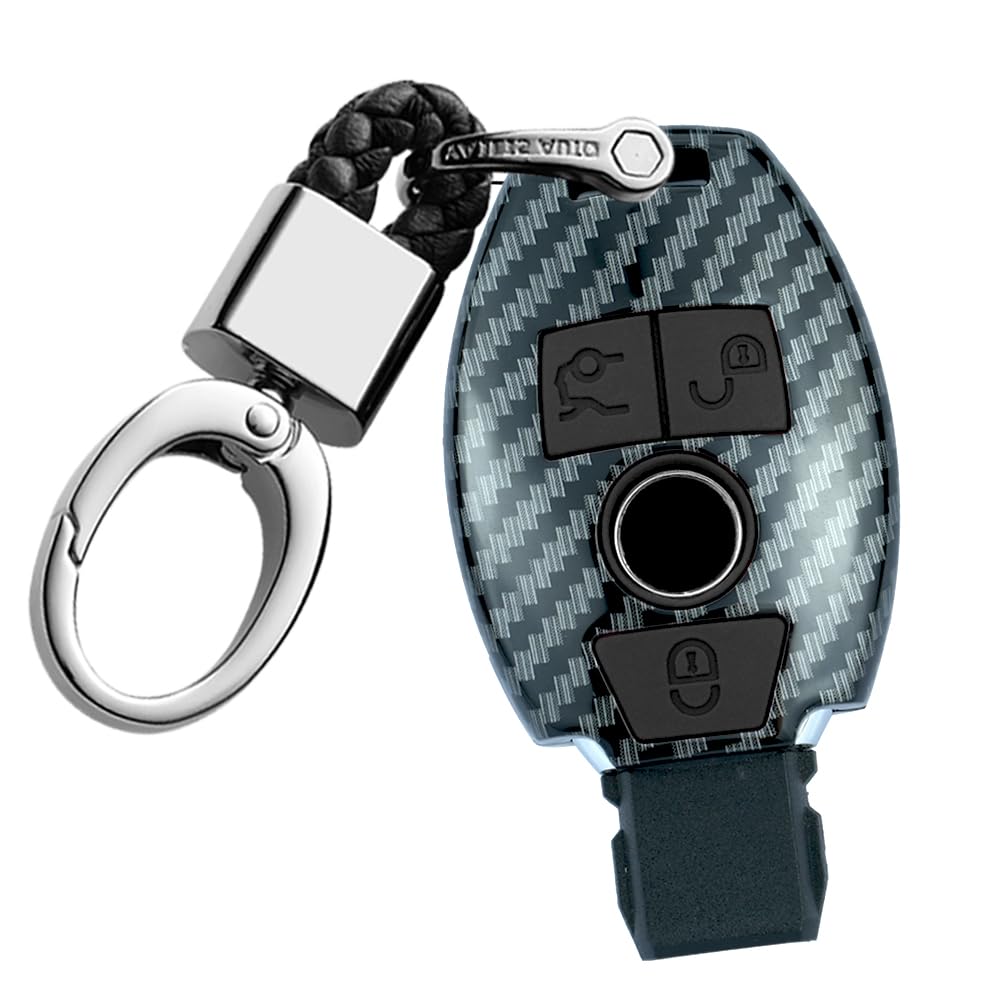 ontto Key Fob Cover for Mercedes-Benz 2/3 Button Carbon Fiber Texture Key Shell and Keyring 360 Degree Full Protection Fit for Benz A B C E ML V W R CL CLK W204 W212 Black