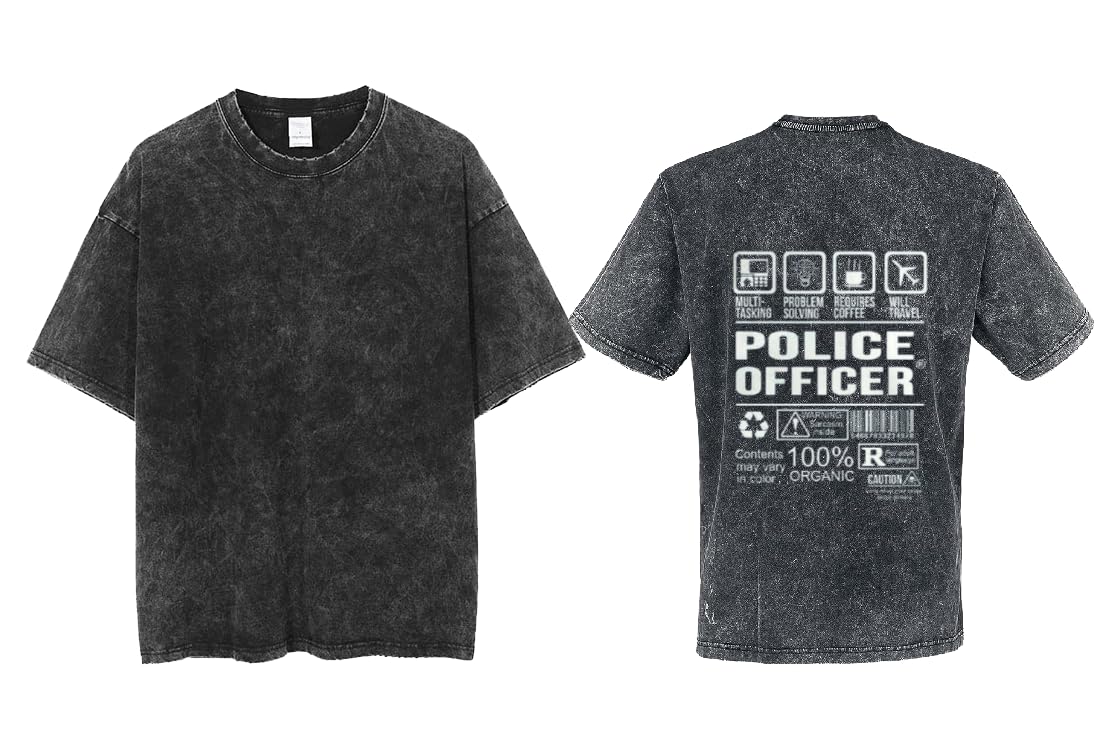 acid wash gray oversize Youth t-shirt back art over size TEXT job work 28 police officer
