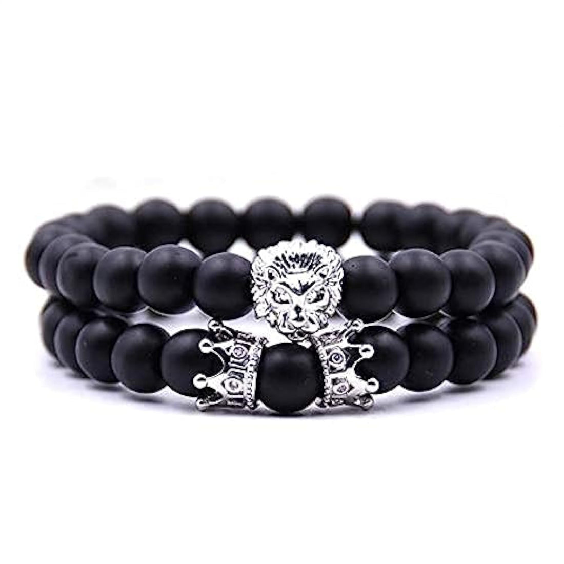 2PCS Bracelet Set Onyx King Crown Lion Head Charm Bracelet Silver