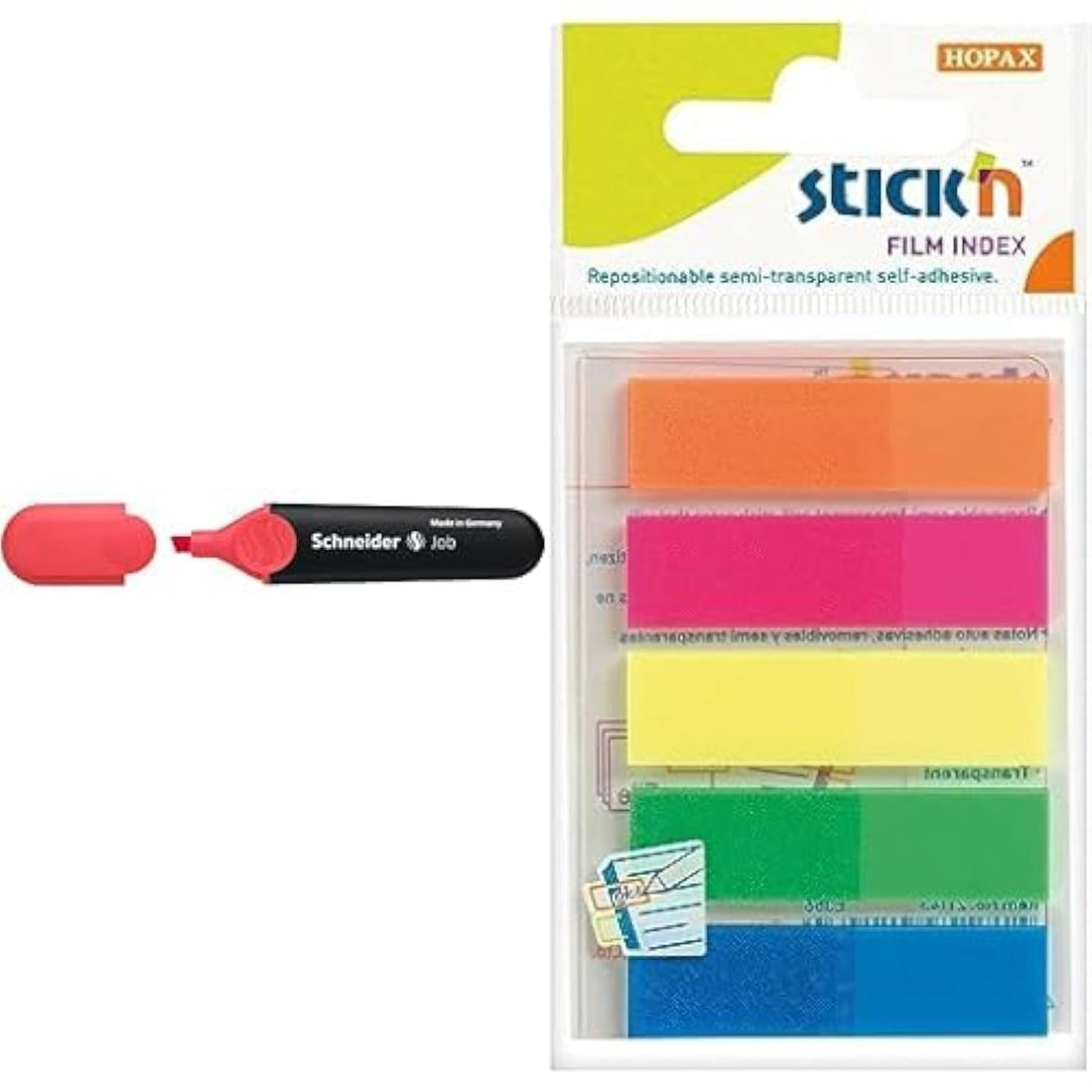 Schneider job 1502 highlighter, red + Stick n value 12 mm film index tab - neon multi-colour