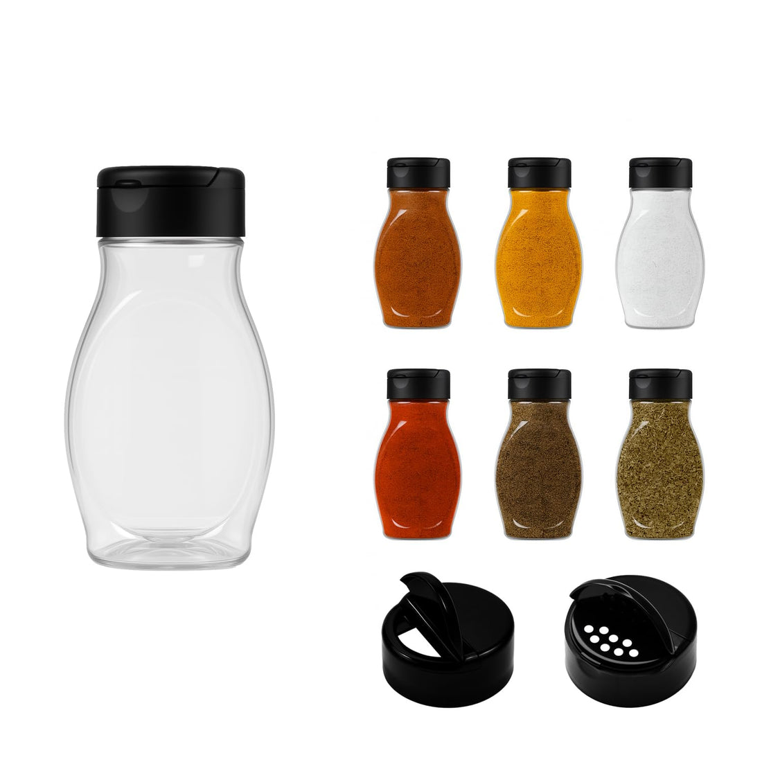 artistic 6 Pieces Clear White Plastic Spice Jar with Black Lid - High Quality and Healthy Plastic for Refill and Storage (Choose the Right Shape) by artistic (Model 6)