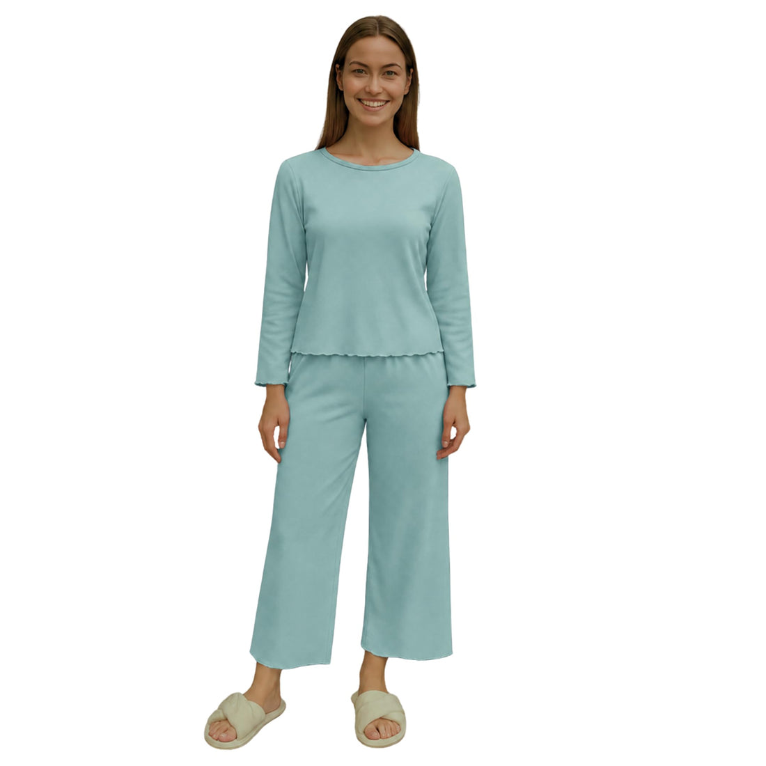 Women's Soft Knit Lounge Pajama Set, Long Sleeve Top & Wide-Leg Pants, Lightweight Sleepwear for Home, Relax, Travel