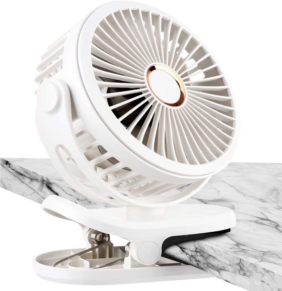 Clip Fan, USB Rechargeable, 360° Rotation 3 Speeds Desk Fan, Portable Stroller Table Fan, Quiet Battery Cooling Fan for Camping, Bed, Traveling, Pram, Office, Car (White)