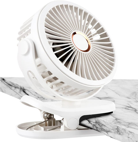 Clip Fan, USB Rechargeable, 360° Rotation 3 Speeds Desk Fan, Portable Stroller Table Fan, Quiet Battery Cooling Fan for Camping, Bed, Traveling, Pram, Office, Car (White)