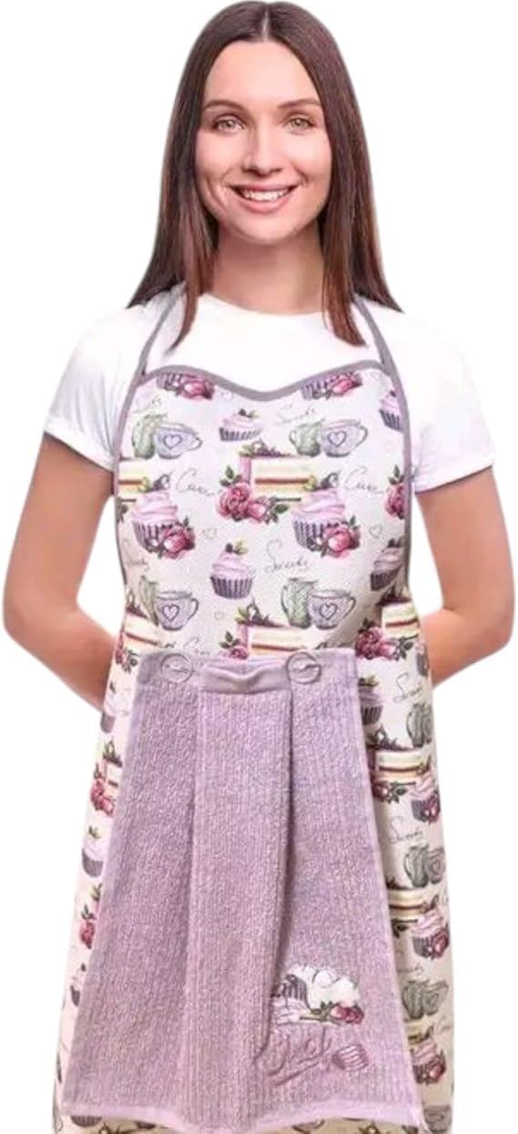 volura Kitchen Apron with Towel, Cupcake Design, Waterproof, Purple and White, 2 Pieces