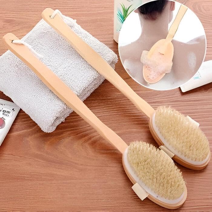Shower Brush - Durable Long Wooden Handle Body Scrubber with White Sponge for Exfoliating and Cleansing Dry or Wet Skin (2PCS)