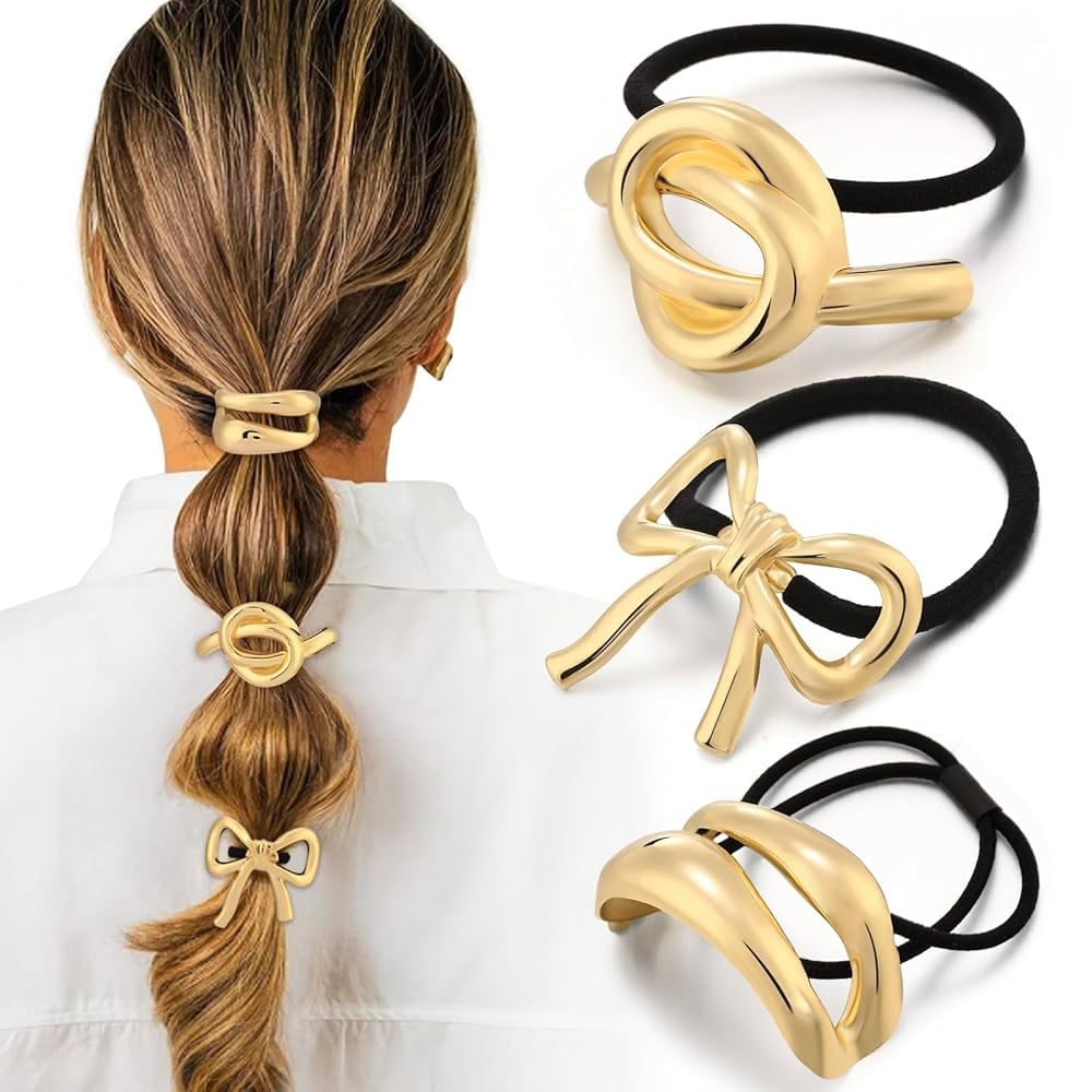 GQx 3 PCS Metal Hair Tie, Ponytail Cuff, Gold and Silver Hair Accessories for Women
