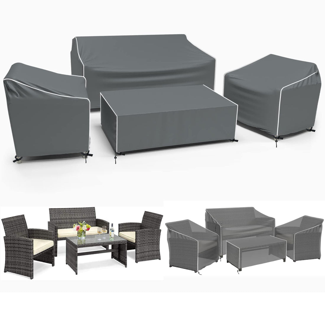 Gasadar Patio Furniture Covers, Outdoor Furniture Cover Waterproof 4-Piece, Patio Furniture Set Covers, Heavy Duty Patio Covers, Ourdoor Sofa Cover, 2 Chair Covers, Coffee Table Cover Included -XL